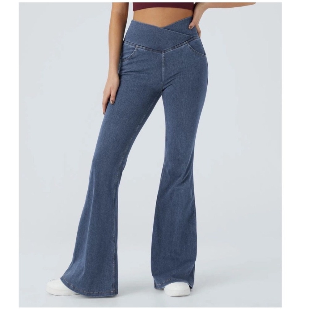 Halara Flex Denim High Waisted Crossover Flare Leggings Blue Petite Small NEW